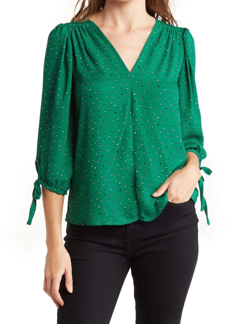 Green V-Neck Tie-Sleeve Blouse